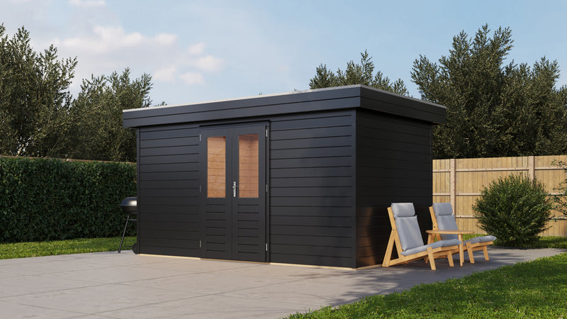 Large, black garden building with double doors. Viewed from front/right side.