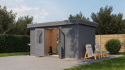 Large, grey garden building with opened double doors. Viewed from the front/right side.