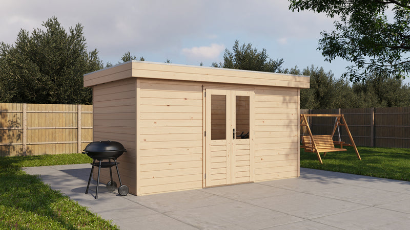 Large, wooden garden building with double doors. Viewed from the front/left side.