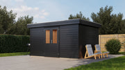 Large, black garden building with double doors, viewed from front/right side. 