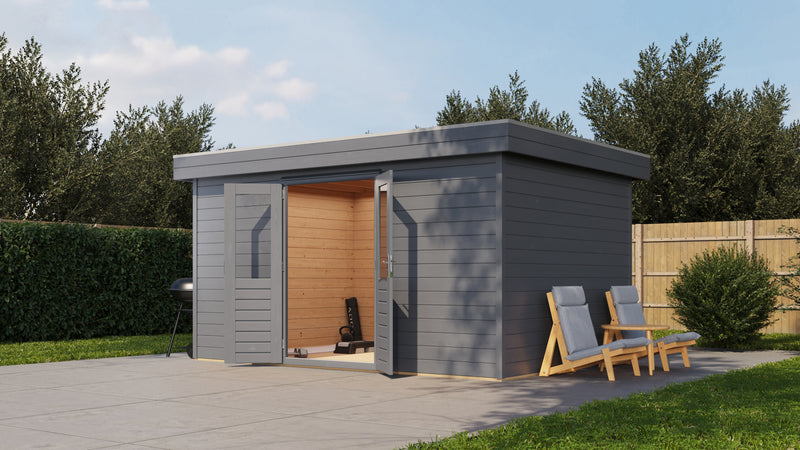 Large, grey, wooden garden building with opened double doors, showing interior. Viewed from front/right side. 