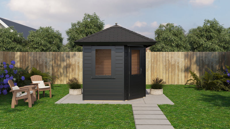 Black corner garden building with black roof tiles, side window, single door. Viewed from left side. 