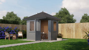 Grey corner garden building with black roof tiles, opened single door, two side windows. Viewed from the front. 