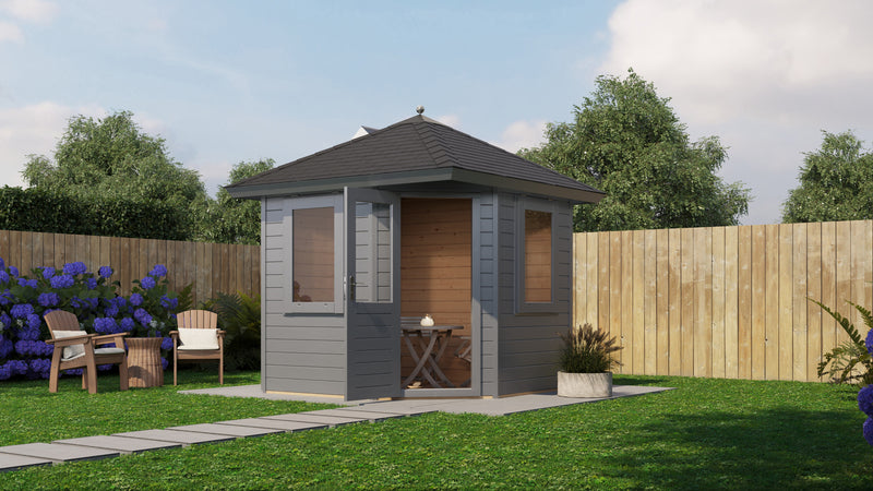 Grey corner garden building with black roof tiles, opened single door, two side windows. Viewed from the front. 