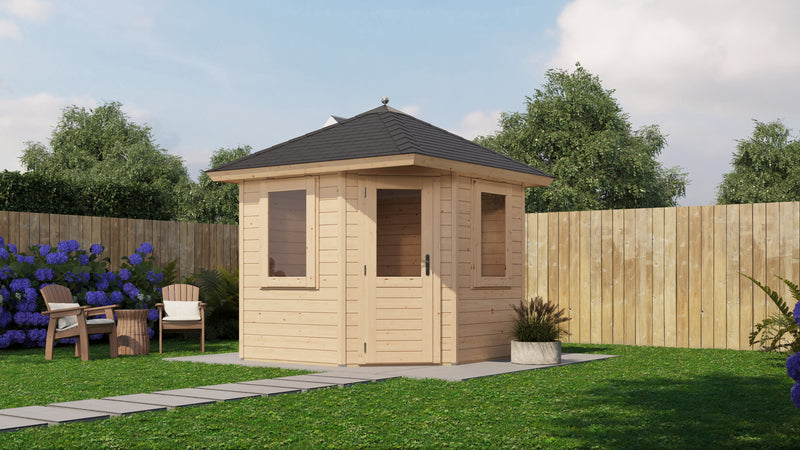 Wooden corner garden building with black roof tiles, single door, two side windows. Viewed from the front. 
