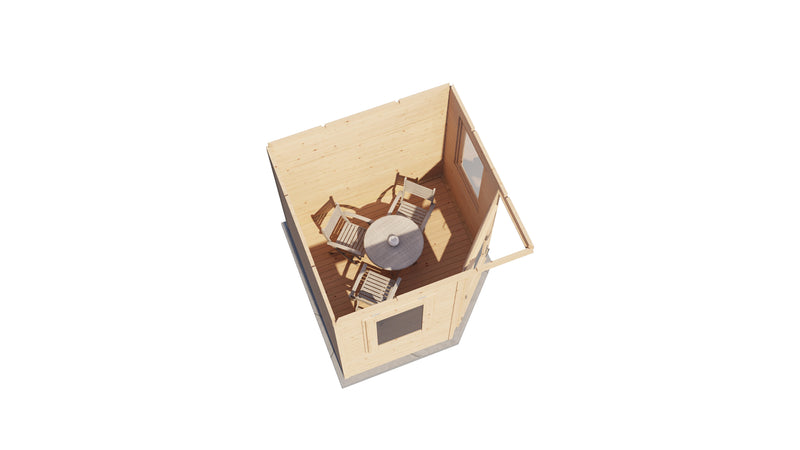 Aerial view of wooden corner building.