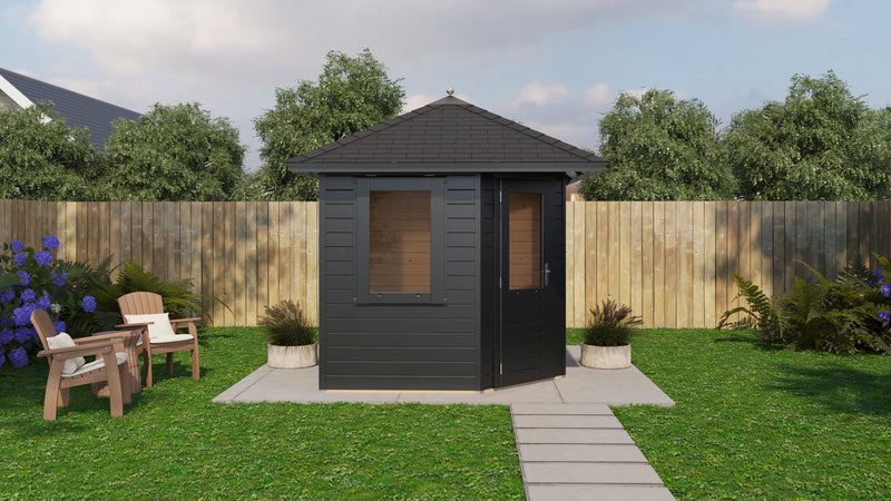 Black corner garden building with black roof tiles, side window, single door. Viewed from left side. 