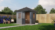 Grey garden building with opened single door, black roof tiles, two side windows. Viewed from the front. 