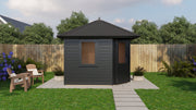 Black, corner, wooden summerhouse with 2 windows, single door. Viewed from left side. 