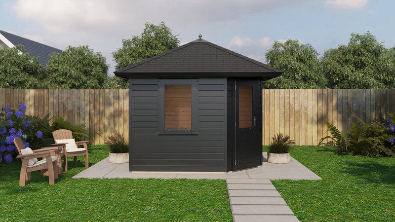 Black, corner, wooden summerhouse with 2 windows, single door. Viewed from left side. 