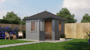 Grey, corner wooden summerhouse with opened single door, 2 windows. Viewed from the front. 