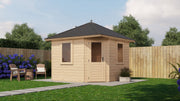 Wooden, corner summerhouse with 2 windows, single door. Viewed from the front. 