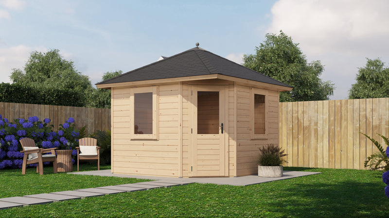 Wooden, corner summerhouse with 2 windows, single door. Viewed from the front. 