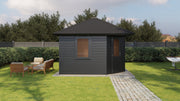 Black, corner, wooden garden building with black roof tiles, side windows, corner single door. Viewed from left side. 