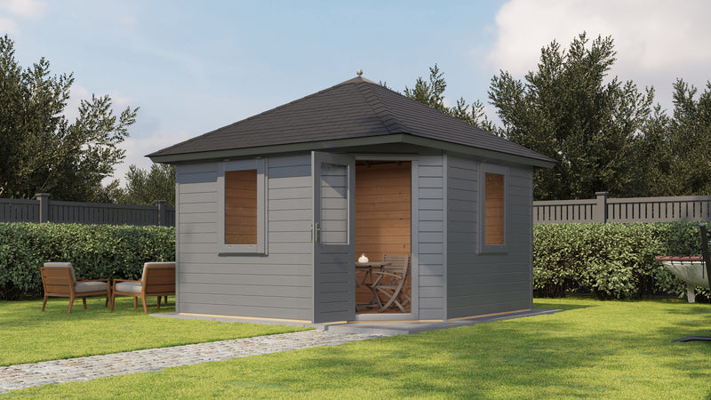Grey, corner, wooden garden building with side windows, corner single door, black roof tiles. Viewed from front. 