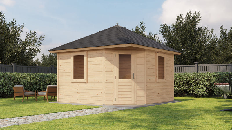 Wooden, corner garden building with side windows, corner single door, dark roof tiles. Viewed from the front. 