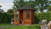 Brown, wooden hexagonal garden building with single door, side windows, dark roof tiles. Viewed from front/right side. 