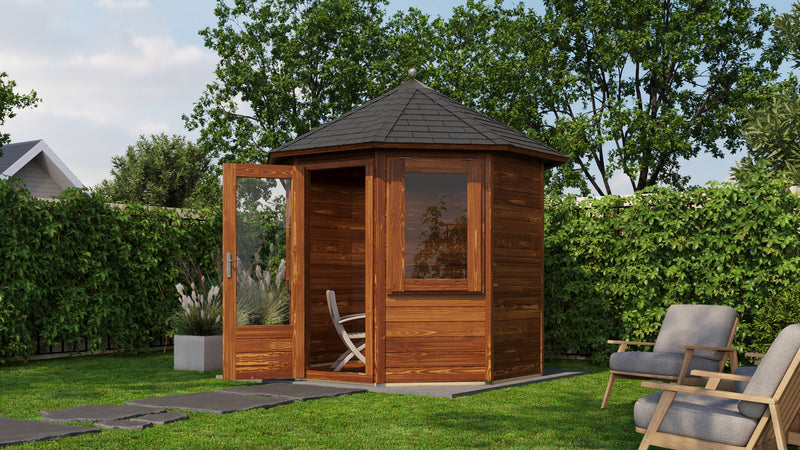 Brown, wooden hexagonal garden building with single door, side windows, dark roof tiles. Viewed from front/right side. 