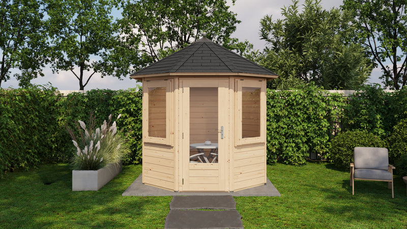 Wooden, hexagonal garden building with single door, side windows, dark roof tiles. Viewed from the front. 