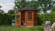 Brown, hexagonal garden building with single door, side windows, dark roof tiles. Viewed from front/right side. 