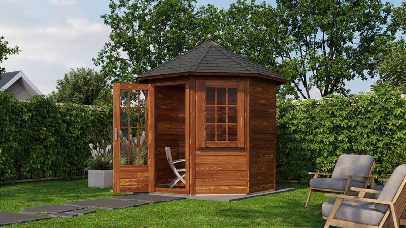 Brown, hexagonal garden building with single door, side windows, dark roof tiles. Viewed from front/right side. 