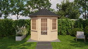 Wooden garden building with single door, side windows, dark roof tiles. Viewed from front. 