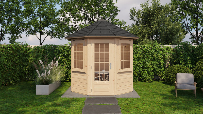 Wooden garden building with single door, side windows, dark roof tiles. Viewed from front. 