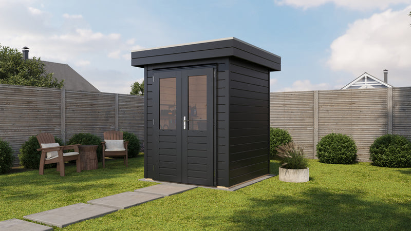 Small, black garden building with double doors. Viewed from front/right side. 