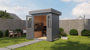Small, grey garden building with opened double doors. Viewed from the front/right side. 