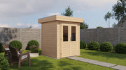 Small, wooden garden building with double doors. Viewed from front/left side.