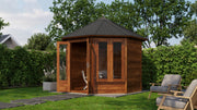 Brown, wooden garden building with black roof tiles, double doors, large windows. Viewed from the front/right side. 