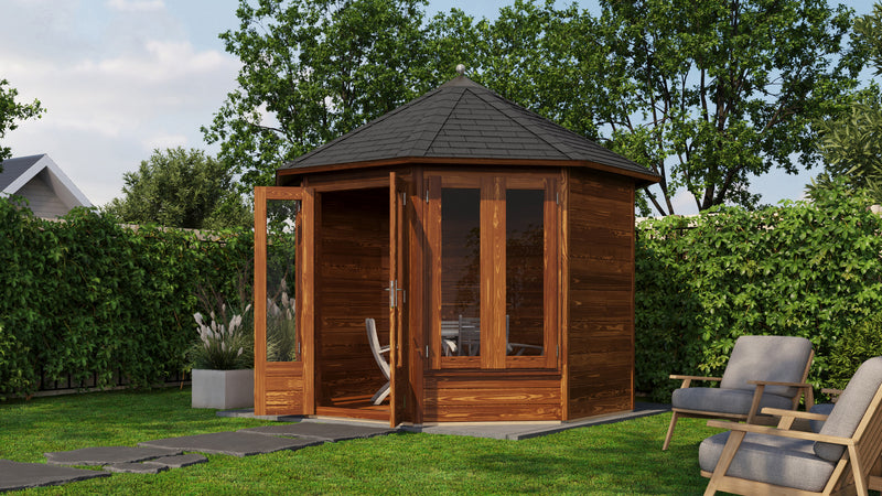 Brown, wooden garden building with black roof tiles, double doors, large windows. Viewed from the front/right side. 