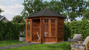Brown, wooden summerhouse with 8 walls, large windows, double doors. Viewed from the right side. 