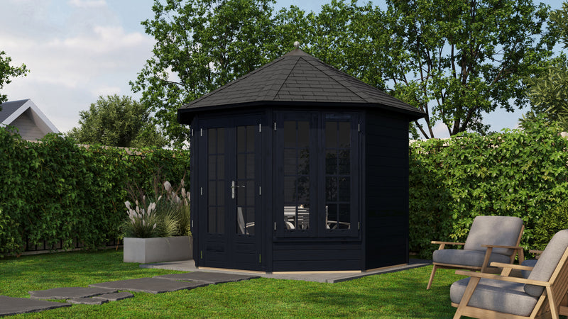 Black, wooden summerhouse with 8 walls large windows and double doors. Viewed from front/right side. 