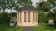 Wooden summerhouse with 8 walls, large windows, double doors. Viewed from the front. 