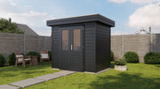 Black garden building with double doors. Viewed from front/right side. 