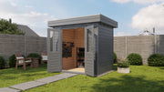 Grey garden building with opened double doors. Viewed from front/right side. 