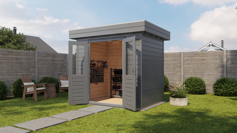 Grey garden building with opened double doors. Viewed from front/right side. 