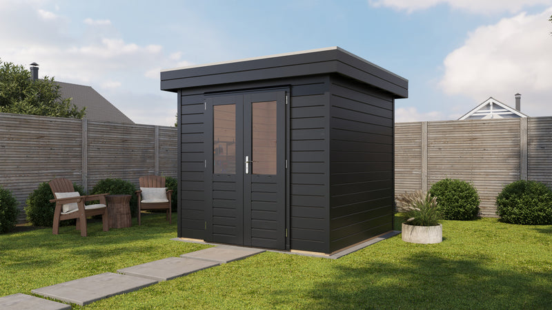 Black garden building with double doors. Viewed from the fron/right side. 