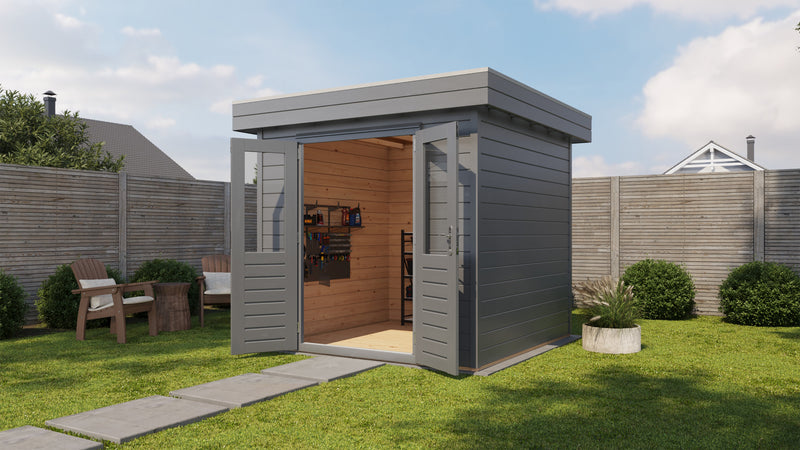 Grey garden building with opened double doors. Viewed from front/right side. 