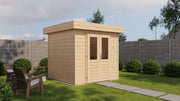 Wooden garden building with double doors. Viewed from front/left side. 