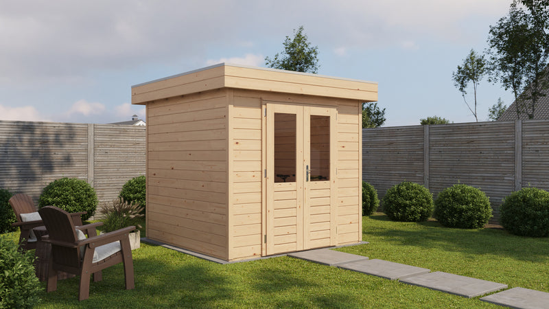 Wooden garden building with double doors. Viewed from front/left side. 