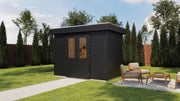 Black garden building with double doors. Viewed from front/right side. 