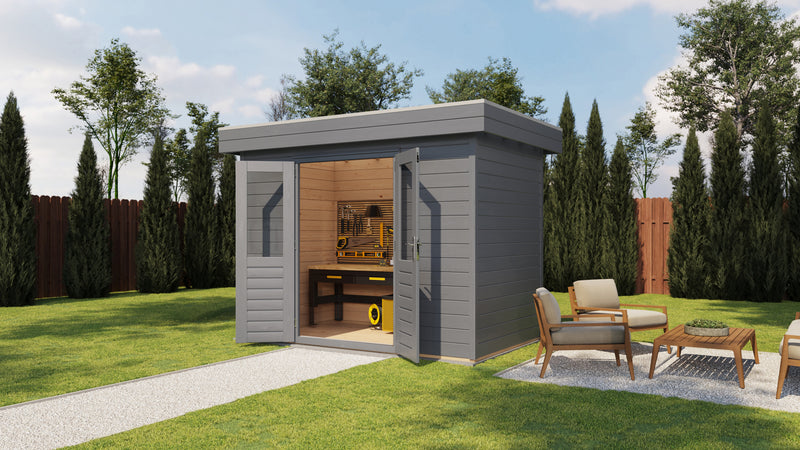 Grey garden building with opened double doors. Viewed from front/right side. 