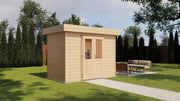 Wooden garden building with double doors. Viewed from front/left side. 