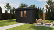 Black garden building with double doors. Viewed from front/right side. 