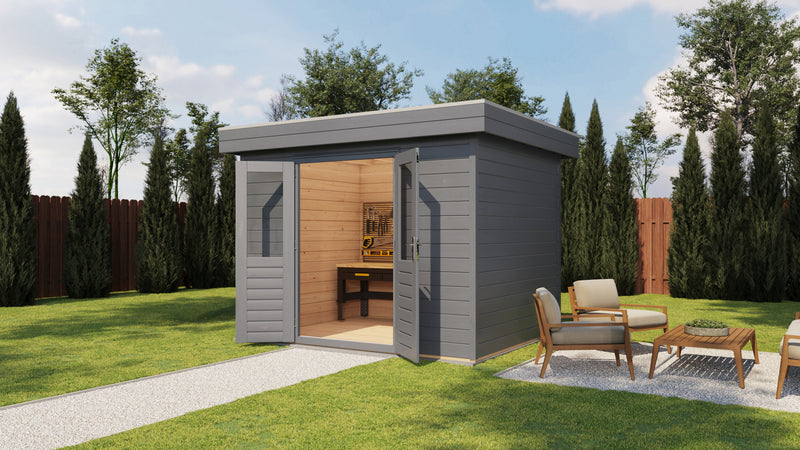 Grey wooden garden building with opened double doors. Viewed from front/right side.
