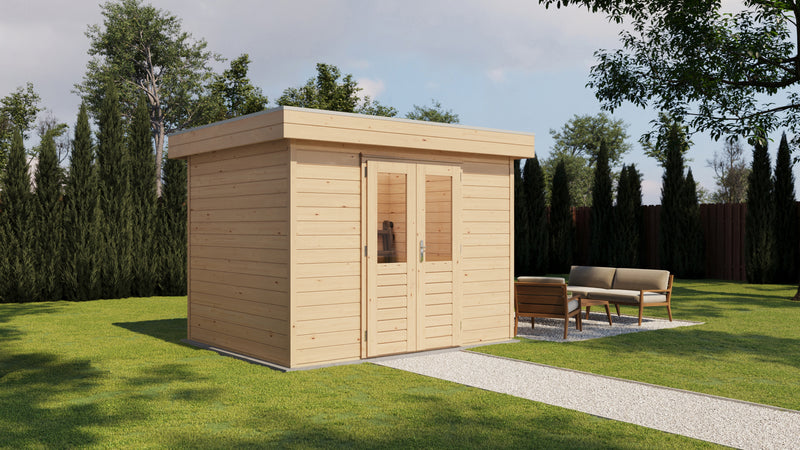 Wooden garden building with double doors. Viewed from front/left side. 