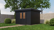 Small, black wooden garden building with double doors, viewed from front/right side. 