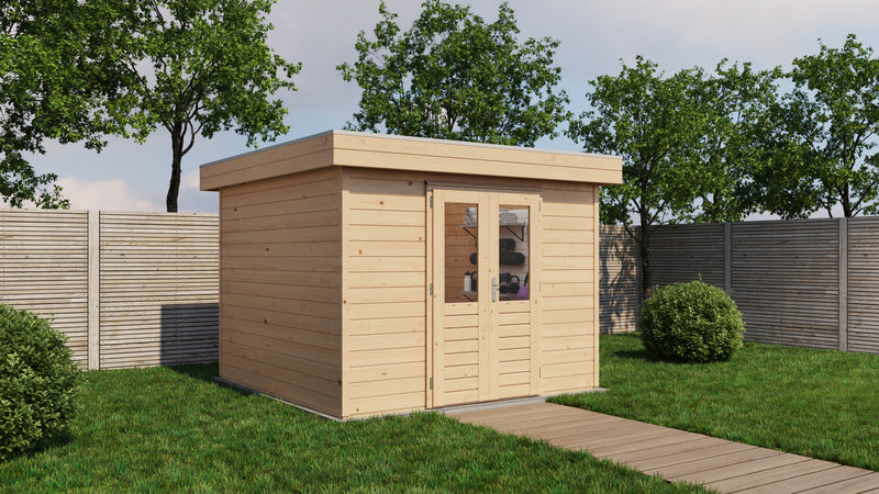 Wooden garden building with double doors. Viewed from front/left side. 
